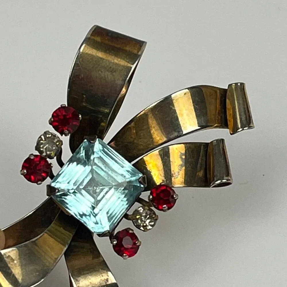 Vintage 1940s Gold Over Sterling Aqua Blue Stone Ribbon Bow Brooch